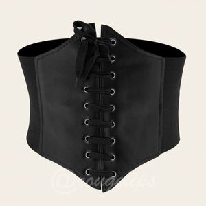 Black Corset Lace Up Wide Belt Leather Elastic